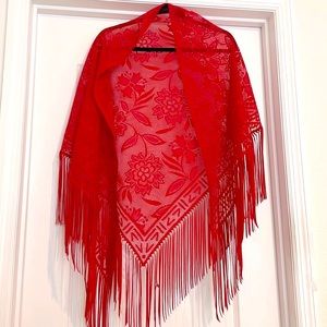 Red shawl with bangs